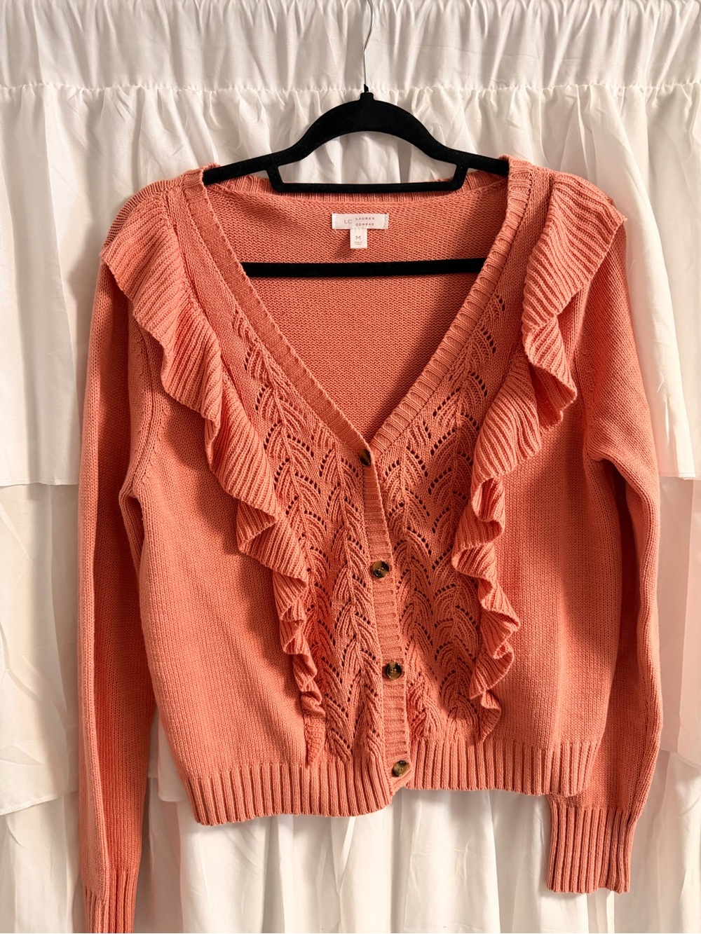 LC Lauren Conrad Coral Ruffle V-Neck Button Cardigan Sweater